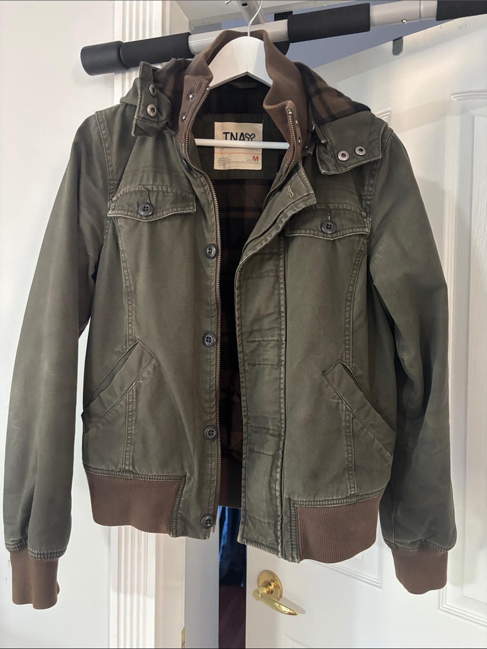 TNA Olive Green Women’s Hooded Utility Jacket with Brown Trim